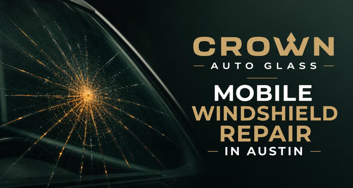 Crown Auto Glass branding: gold crown logo, dark palette and cracked windshield key art
