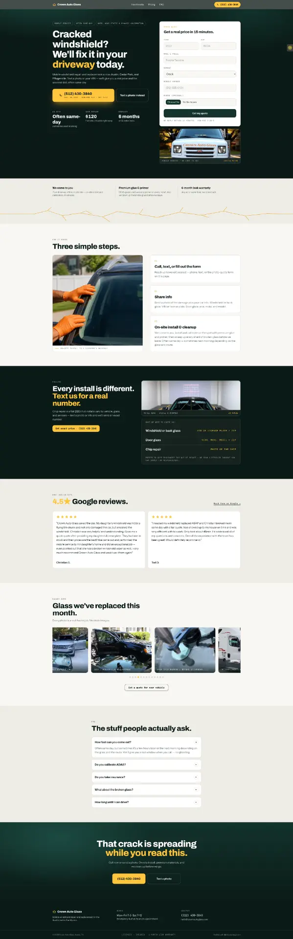 Crown Auto Glass new landing page: clean layout with a quote form and clear call to action